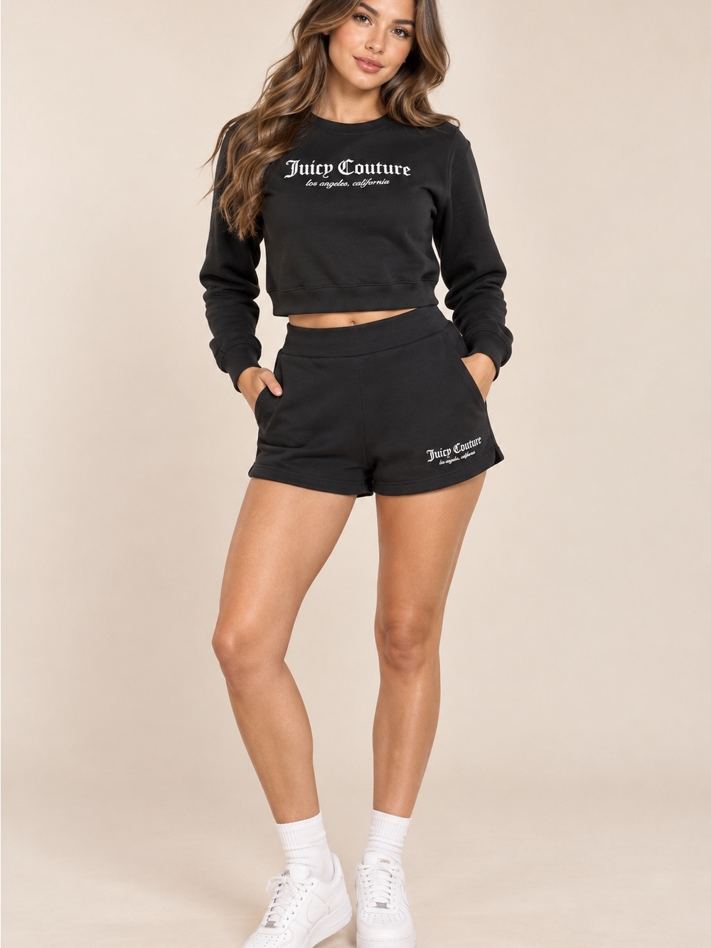 Juicy Couture Black Cropped Sweatshirt & Shorts Set – Size L